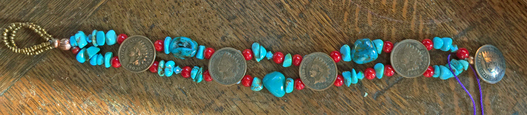 Kingman Turquoise and Coral Bracelet with Indian Head Pennies