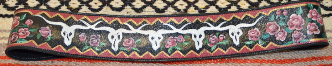 Hand Painted Belt with Cow Skulls and Roses