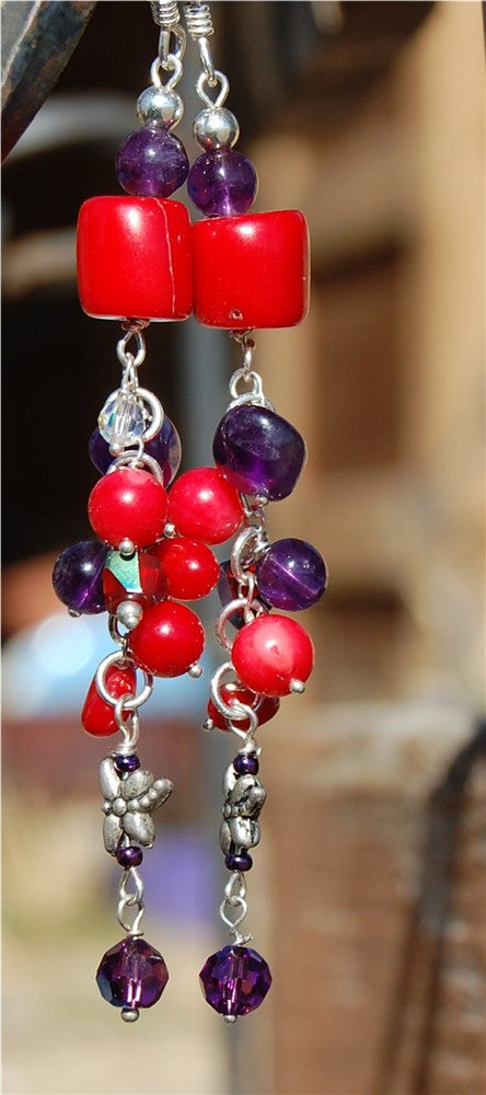 Red Coral and Amethyst earrings