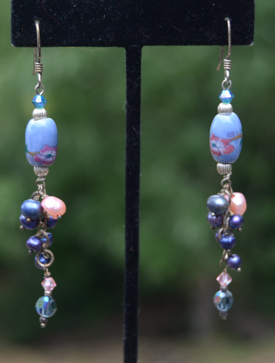 Blue and Pink Floral and Pearl earrings